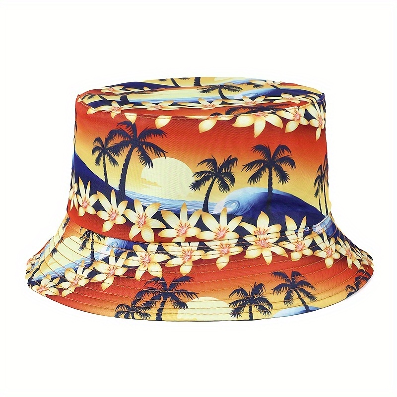 

Hippie Cozy Hawaii Palm Tree Bucket Hat, Double-sided Fisherman Hat, Sun Hat For Casual Leisure Outdoor Sports