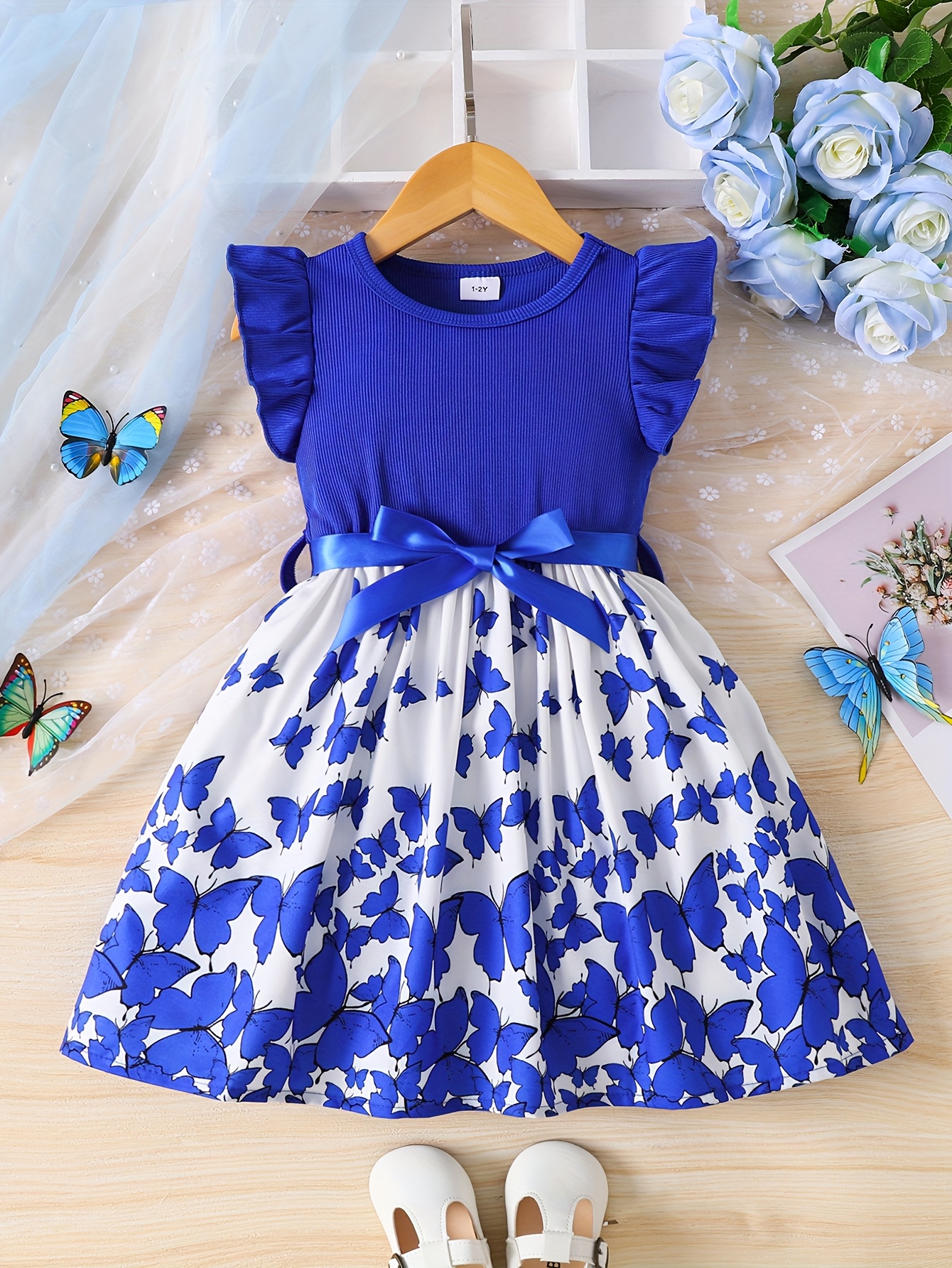 Girls in Dress with Butterfly Print And Striped Ruffle Sleeves, Featuring a Belt, Designed for Europe And America