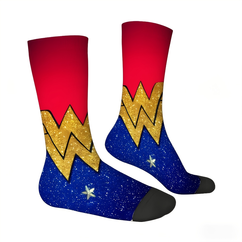 TEMU A Pair Of Warner Wonder Woman Themed Socks, Suitable For Men And Women, With Exquisite Patterns. Made Of Polyester, Are Stylish And Casual,