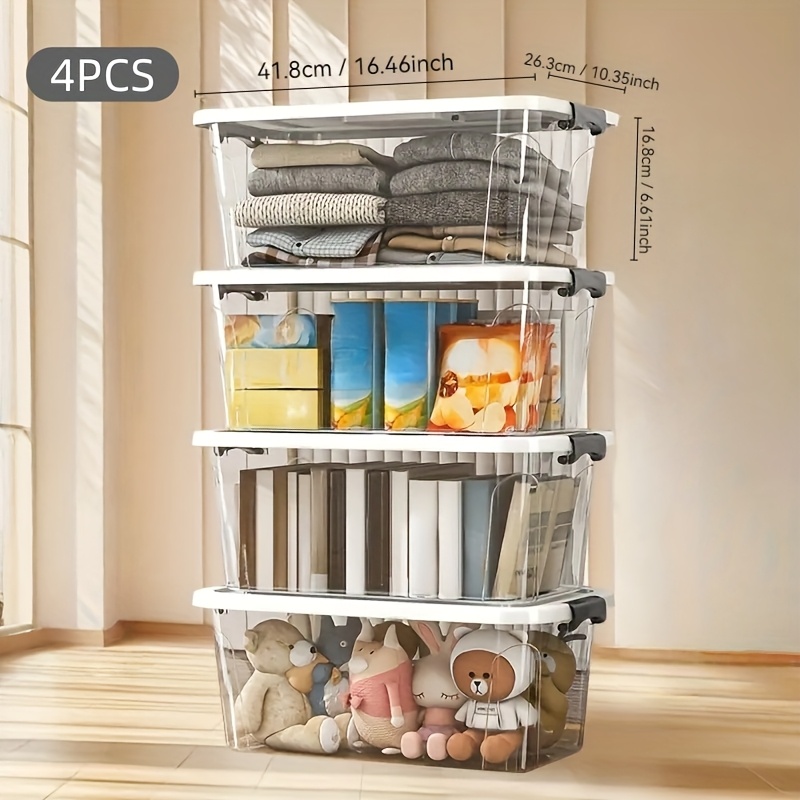 Ensemble de 4 boîtes de rangement empilables avec couvercles et poignées transparents - Organisateurs en plastique robustes, conteneurs rectangulaires multi-tailles avec couvercles pour placard, salle de bain, bureau - Système d'organisation domestique et de bureau peu encombrant, conteneurs de rangement empilables