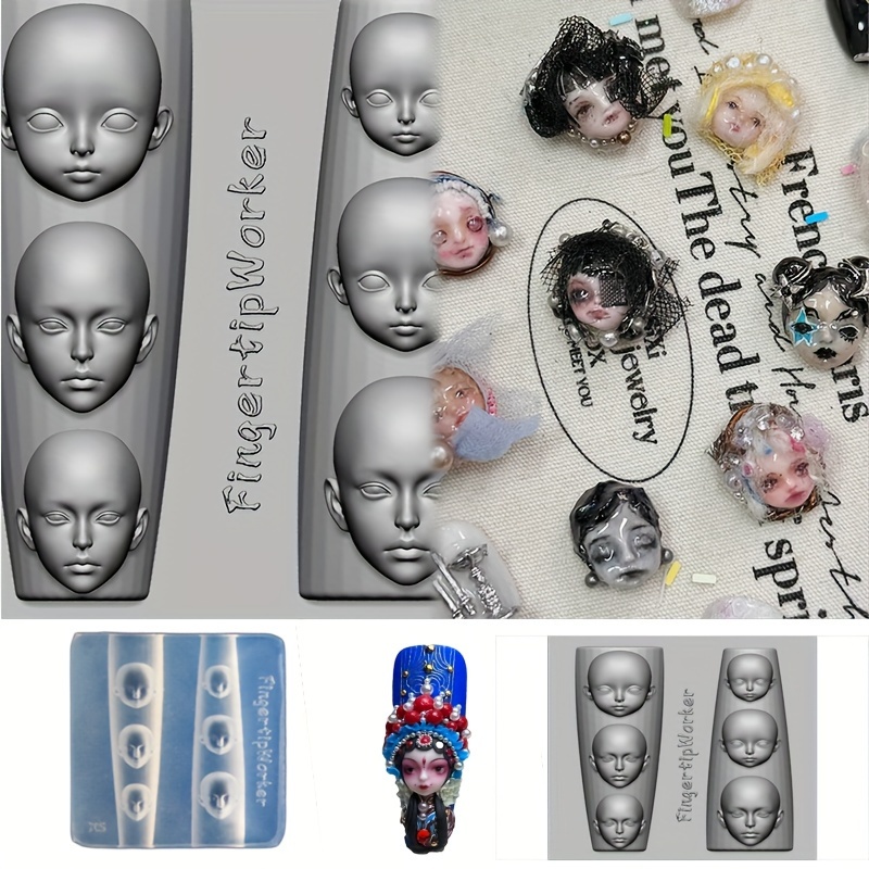 

Miniature Bjd Doll Head Nail Art Mold, Diy Resin Craft Face Mold For Polymer Clay, Silicone Finger-tip Art