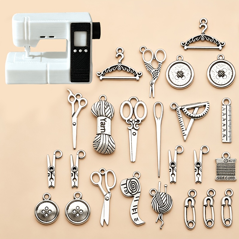 TEMU 25pcs Mini Sewing Machine , 1:12 Dollhouse Mini Sewing Room Decor Ornaments, Includes Mini Scissors, Hangers, Buttons, Threads, Safety Pins,