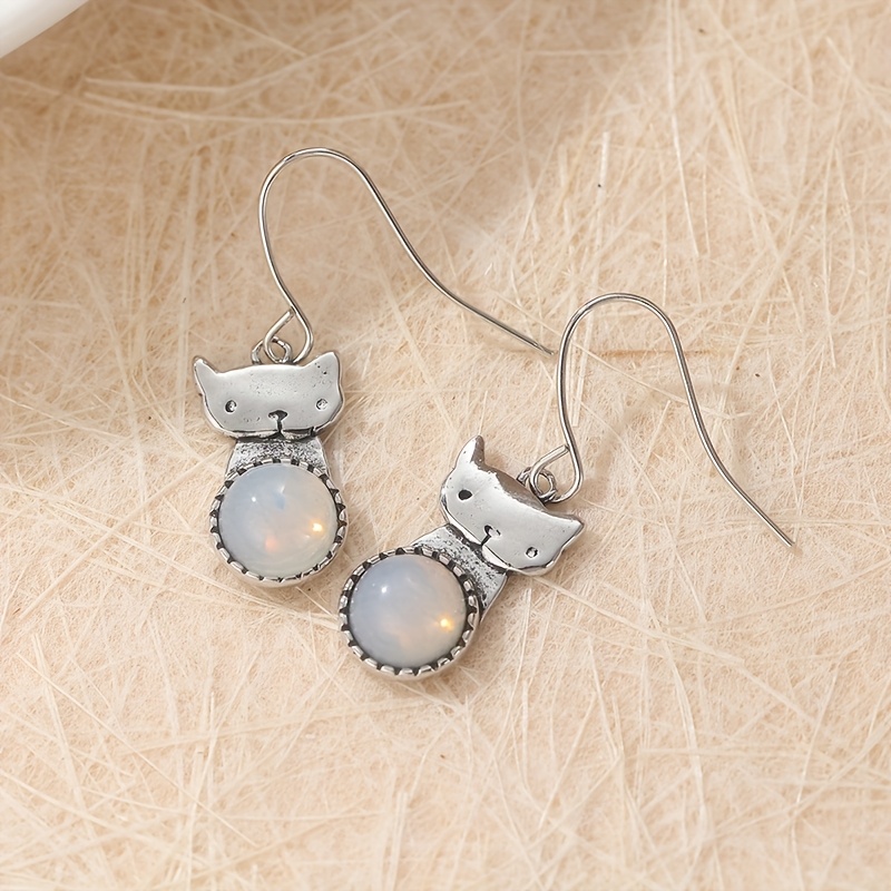 Cat on the Moon Dangle Earrings with Rainbow Moonstone
