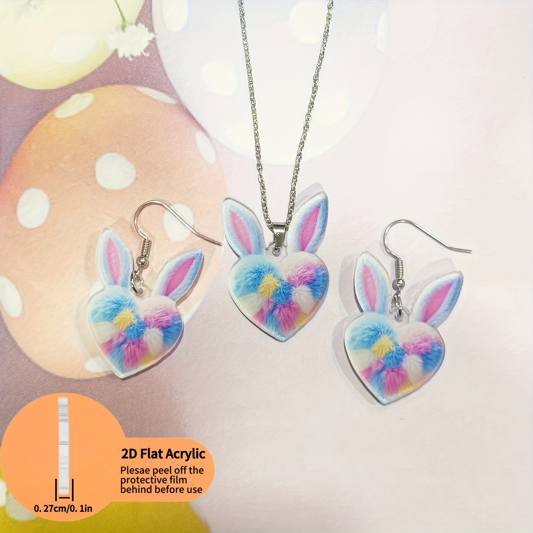 Colorful Heart Rabbit Women's Earrings & Necklace Set, 3pcs