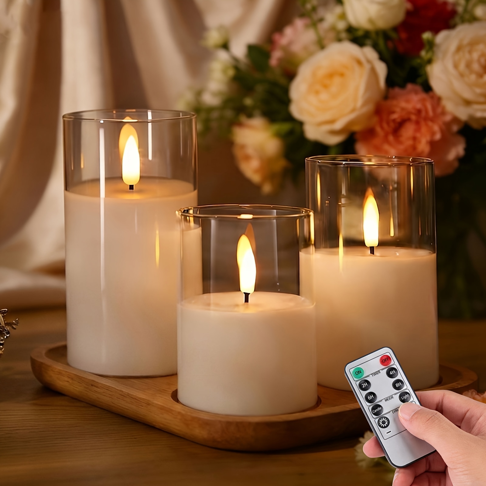 TEMU Juego de 3 velas LED sin llama a pilas con control remoto y temporizador (pilas no incluidas) | Pantalla de acrílico transparente | Ideal para