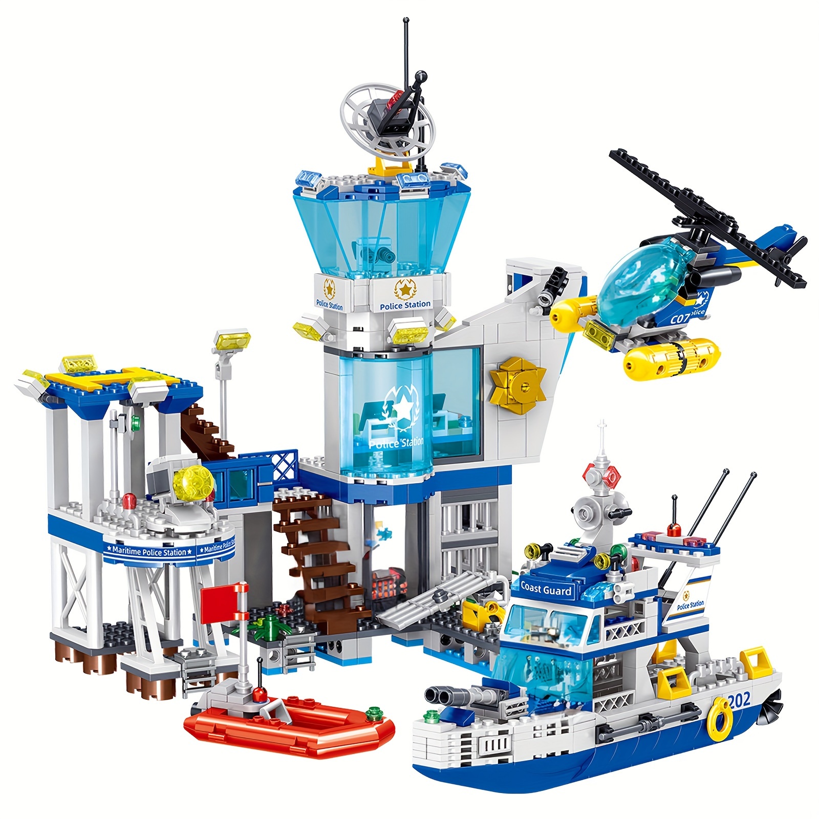 

City Police Station Building Sets 850pcs Stem Toy With Helicopter Airplane Boats Ship Marine Police Station Compatible With Legoed Particles