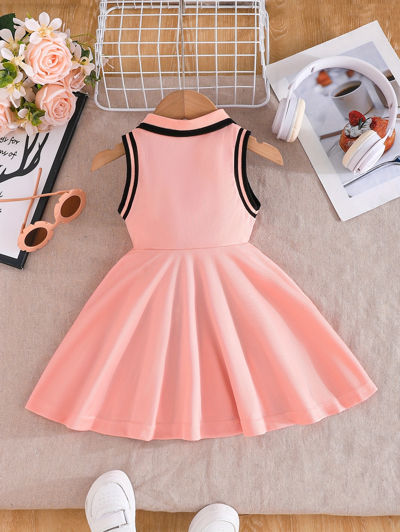 Toddler Sleeveless A-Line Dress - Vibrant Green with Black & White Striped Design, Button-Up Collar, Perfect for Summer Outdoor Activities, Youngsters' Fashion, Casual Wear|Sporty Style|Strapless Design, Youngsters Dress