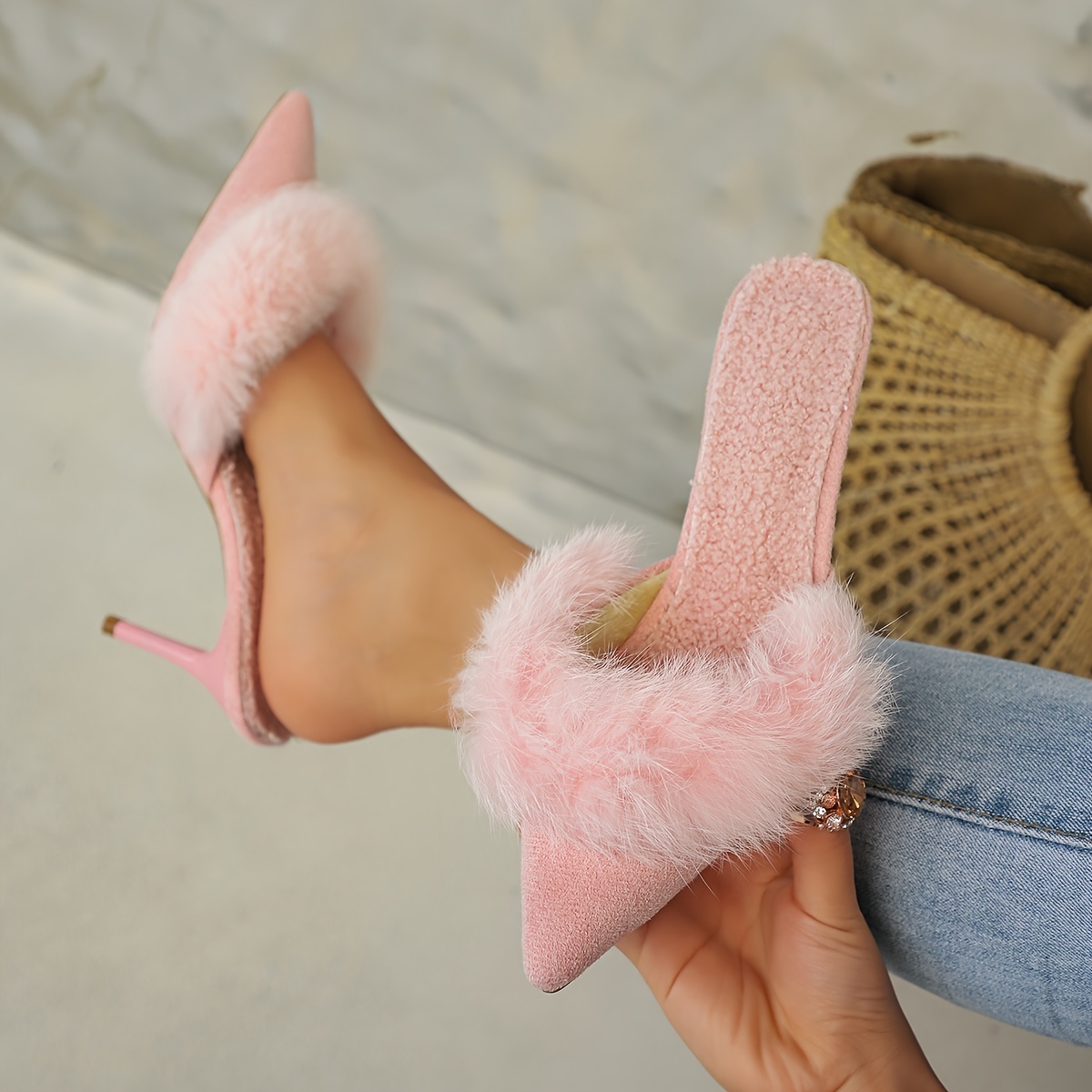 Pink Slippers With Heels And Fur Elegant Women's Pointed Toe High