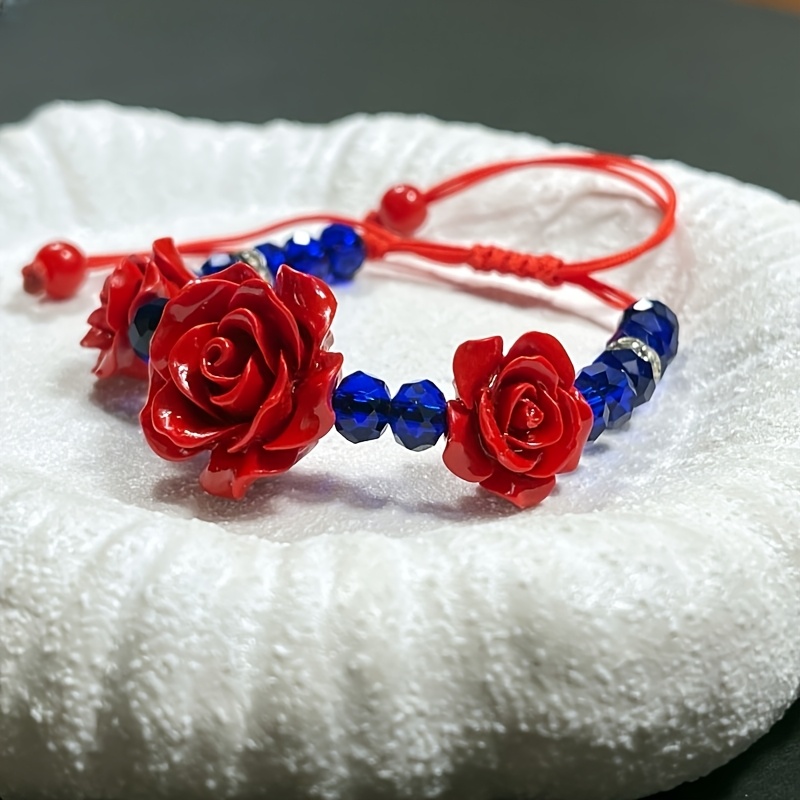 Adjustable Beaded Bracelet with Red Rose Charm & Red Beads