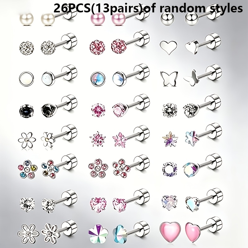 TEMU Printemps/Été 26pcs/Set (13 Paires) (Design Aléatoire) Boucles d'Oreilles en Acier Inoxydable Argenté de Cœur avec Boule de Ronde Incrustée de