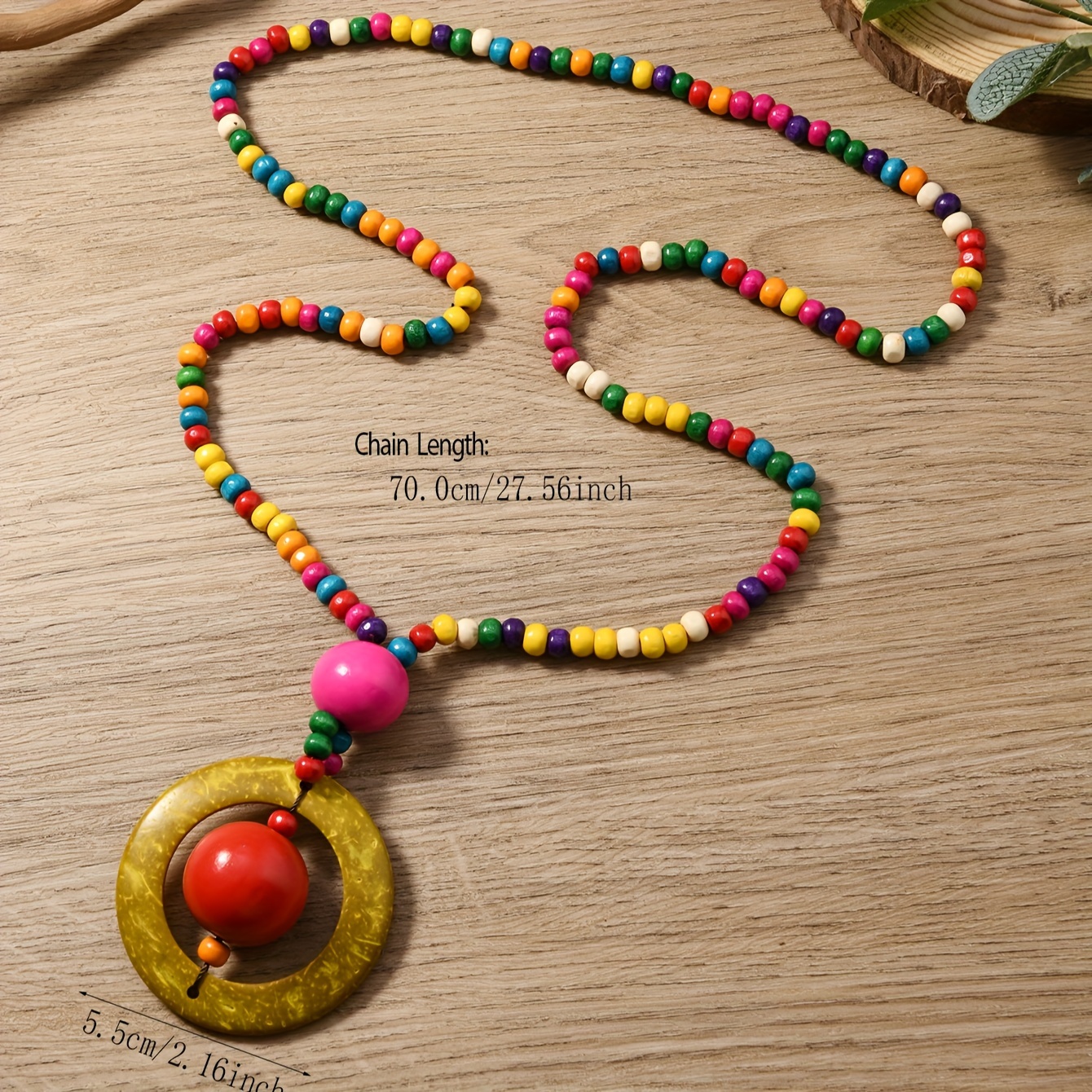 Boho Vintage Style Handcrafted Beaded Necklace with Wooden Pendant