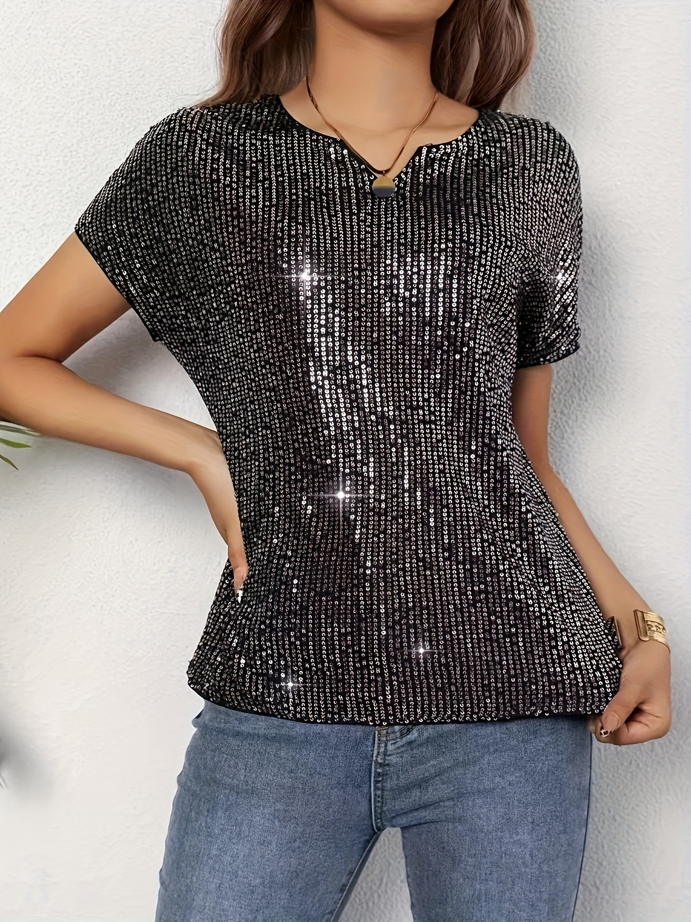 schwarze pailletten fledermausärmel bluse damen Temu Austria