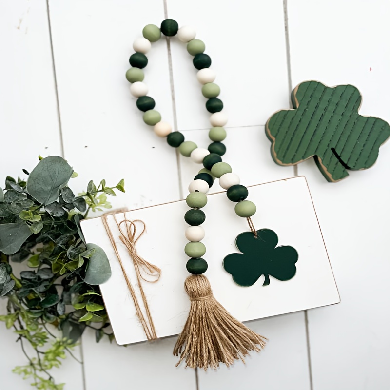 

Farmhouse 's Day Clover Bead Garland With Tassels - Wooden Bead Wreath For Tiered Tray Decor, Festive Shamrock Charm, Holiday Decoration, Shelf Decor | Farmhouse Style | Tassel