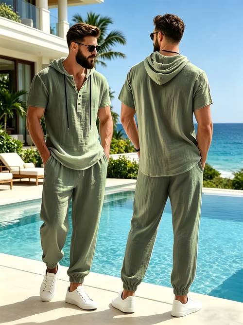 item picture mens linen set short sleeve henley shirt and jogger pants set linen material comfortable and breathable summer essential summer hoodie and jogger sweatpants suitable for outdoor sports commuting and