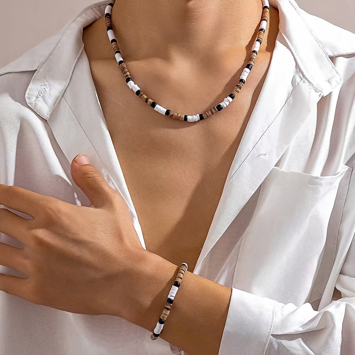 

2pcs Men's Boho Style Necklace + Bracelet Set, Versatile Jewelry Set For Men