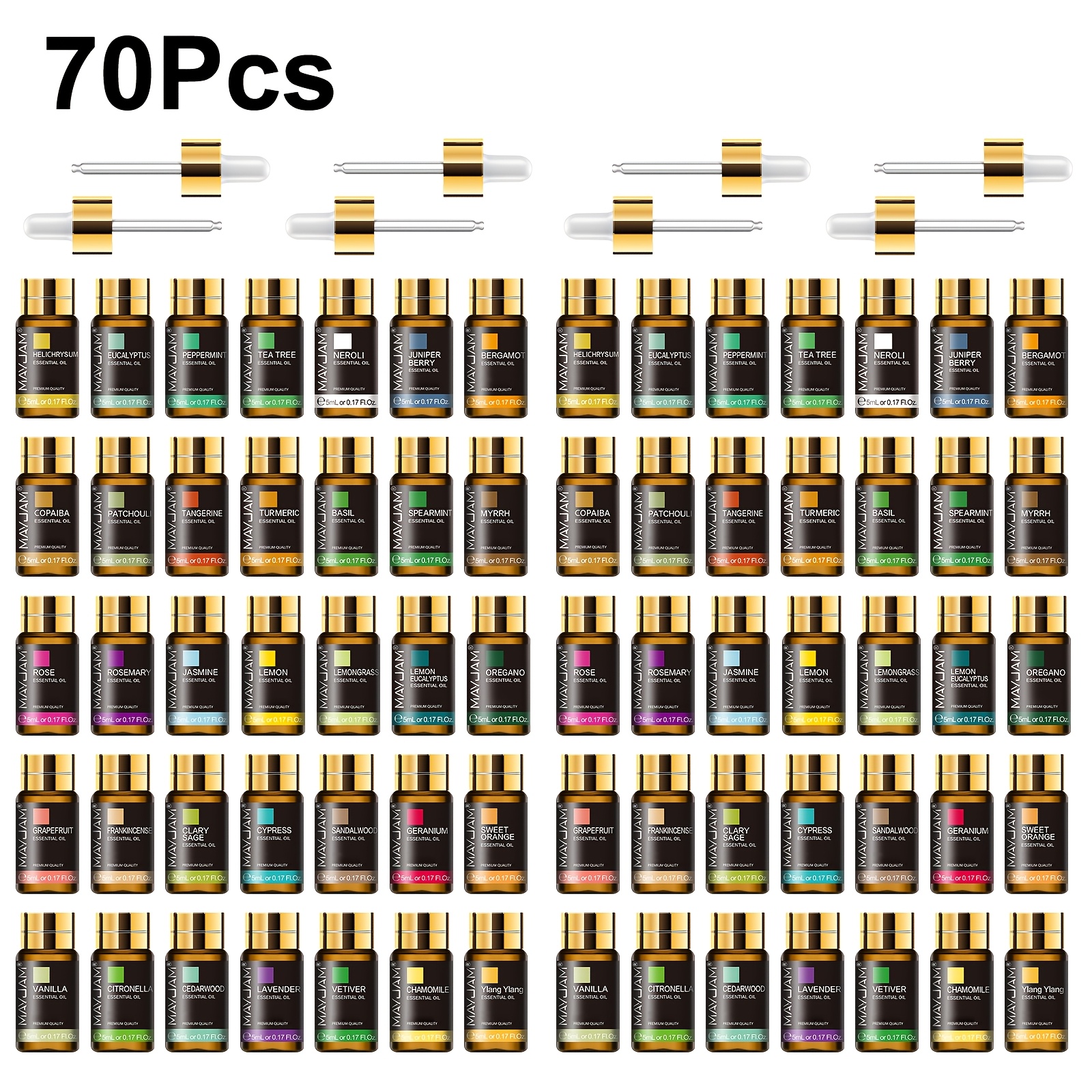 Mayjam 2 Sets (70pcs) Oils Set, 5ml/0.17fl.oz Aromatic Diffusing Oils, Long-lasting For Diffuser, Humidifier, Oil Burner, Flavored Air, Candle Making, Car Air Freshener, Reed Diffuser Oils