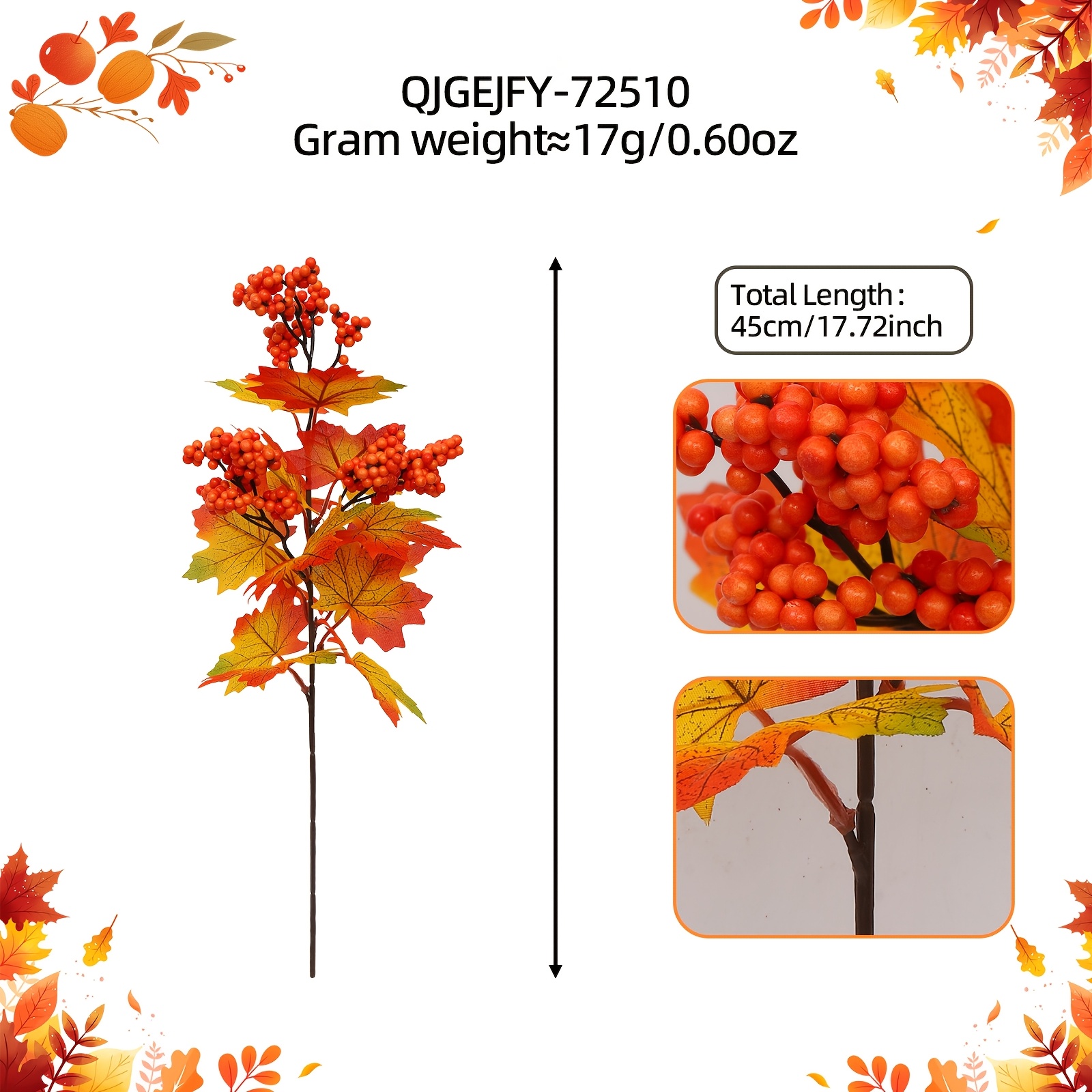 TEMU 4pcs 17.72-Inch Décoration d'Automne Artificielle Dégradée Orange-Jaune Feuilles d'Érable et Décorations à Tiges Adaptées pour de la Récolte de