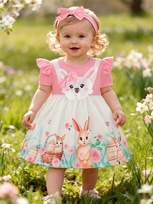 Cute Rabbit Short Sleeve Dress + Headscarf, Perfect for Outdoor