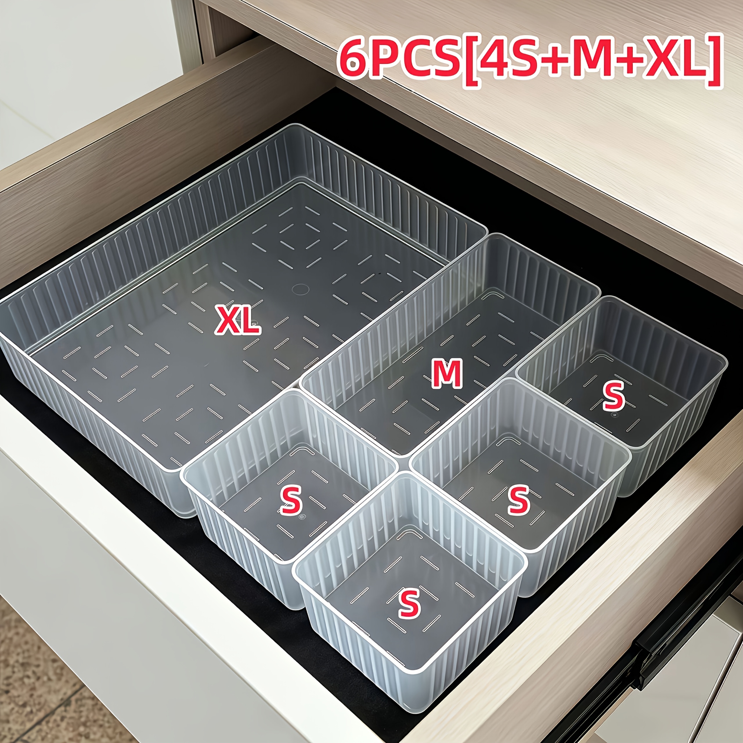 TEMU 6pcs Transparent Striped Table & Drawer Organizer Set With 4 Sizes, Plastic Non-slip Storage Containers Suitable For Home, Office, Kitchen,