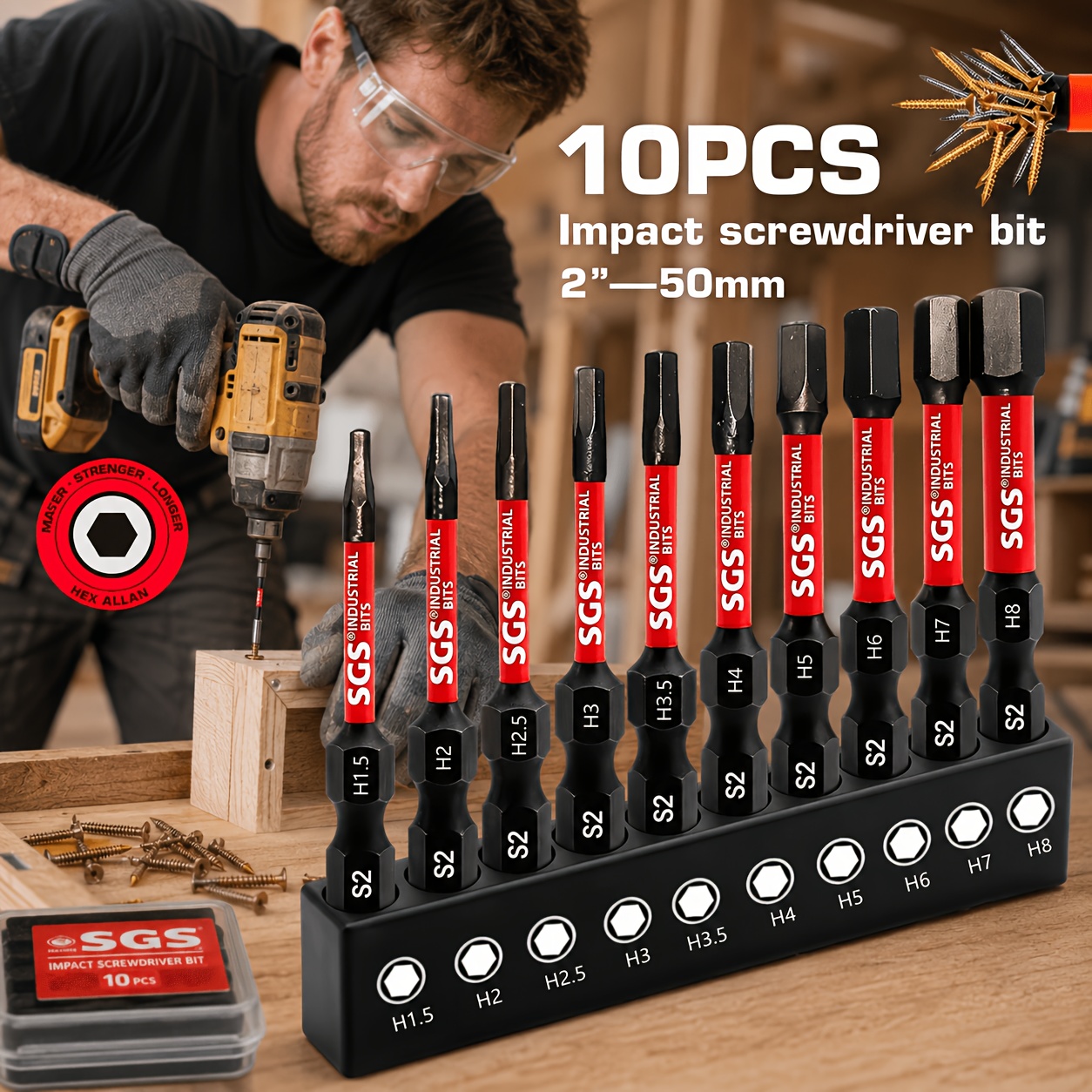 TEMU Professional Impact Screwdriver Bit Set - Made Of Ultra-hard S2 Alloy Steel, H1.5/2/2.5/3/3.5/4/5/6/7/8, With Strong . Universal 1/4 Inch Hex