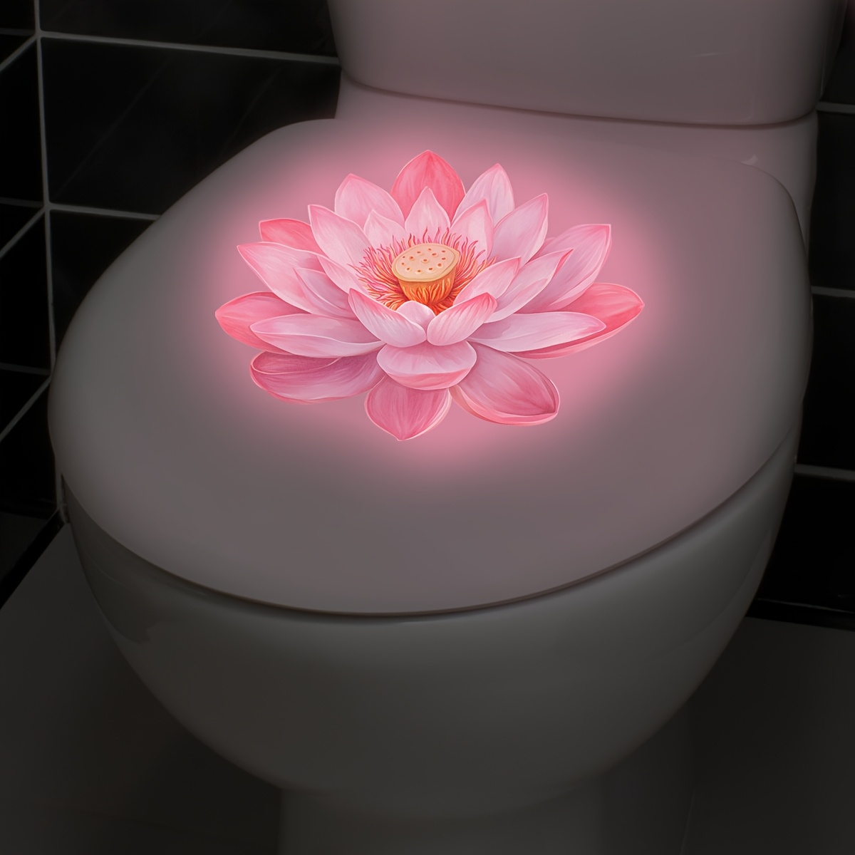 Image of 1pc Bathroom Luminous Toilet Sticker, Night Light For Lotus Wall Decal - Soft Pink Pvc Stickers, Suitable For Bathroom And Toilet Seat Stickers Home Decorative Stickers