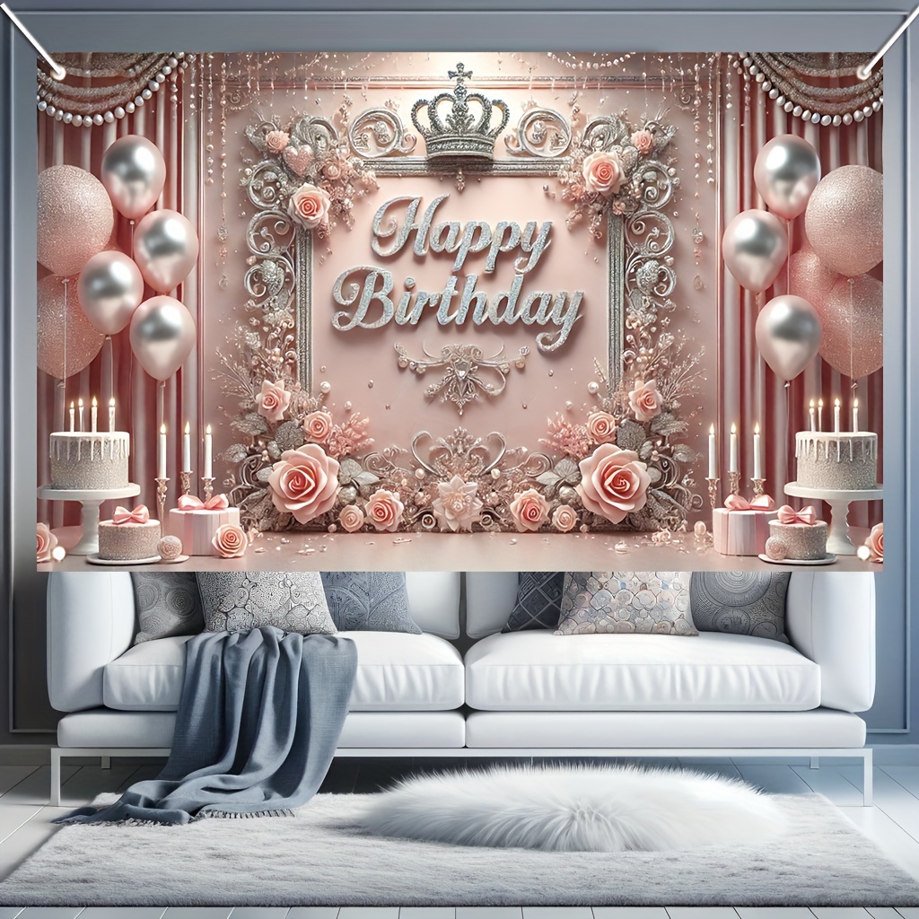 

1 Pc Polyester Happy Birthday Banner With Elegant For Teenage Girls, Multipurpose Photo Backdrop For Party Atmosphere, Outdoor Holiday, Home & Garden Decor, 71"x43