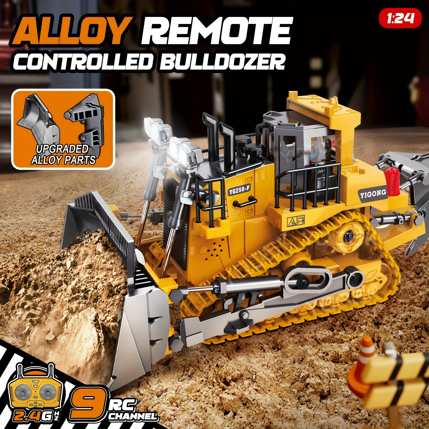 

1:24 Scale -channel Remote Control Toy Bulldozer Remote Car With Metal Bulldozer Shovel, Lights Children's Gift Holiday Gift