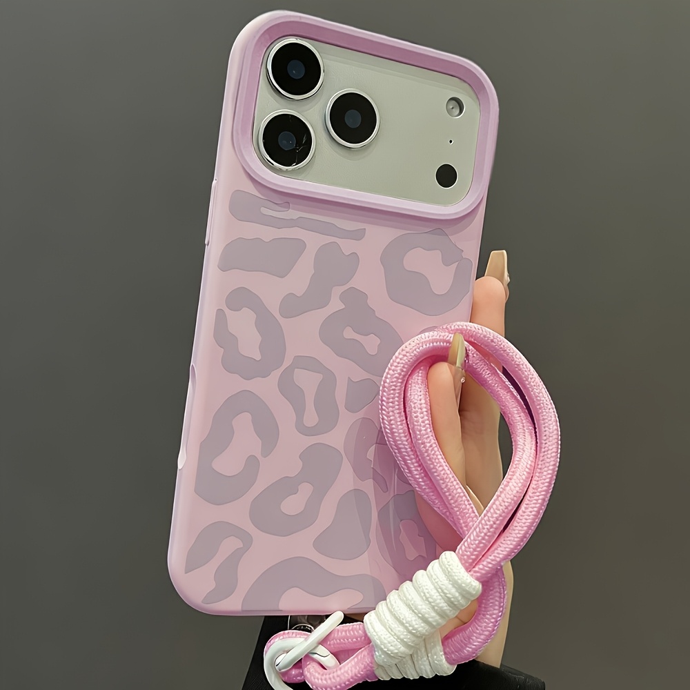 TEMU Phone Case - Stylish Leopard Print Shockproof Mobile Phone Case With Short Rope Wristband For Iphone 18 Pro Max 17 Pro 17 16 Promax 16 15 14 13