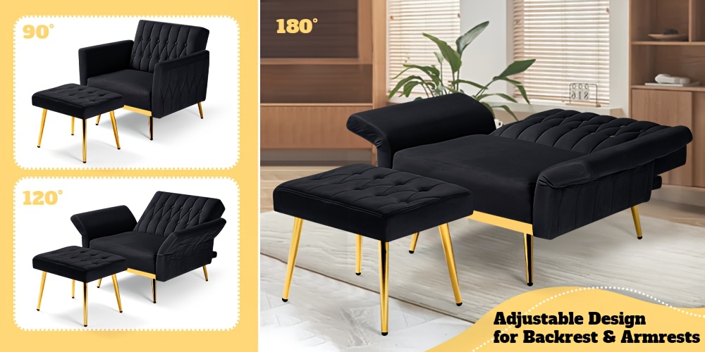 [Velvet Accent Chair] ACMEASE Velvet Single Accent Chair | Adjustable Armrests & Backrest, Button Tufted Lounge Recliner with Ottoman & Pillow for Living Room, Bedroom, Study Room