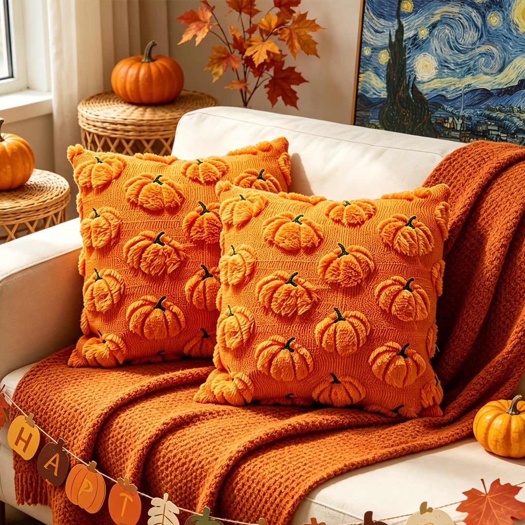 TEMU 2pcs For Halloween Pumpkin Plush For Pillow Cover, In Multiple Sizes, Soft And Comfortable, Classic Pumpkin-style Decoration For Pillows,