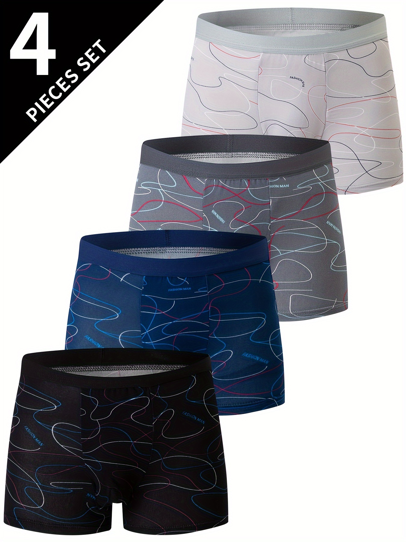 4pcs Men's Fashion Pattern Print Boxer Briefs, Crotch Mid-waist Breathable Comfortable Boxer Trunks, Elastic Sports Shorts, Men's Casual Underwear for Daily Wear