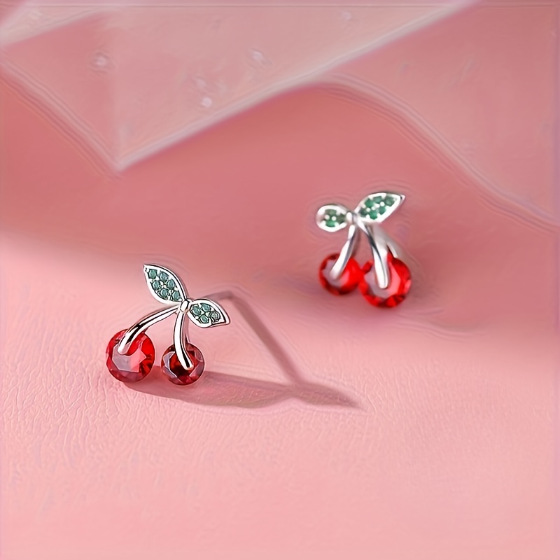 Image of A Pair Of Stylish Cherry Stud Earrings That Are Hypoallergenic And With Synthetic Diamonds, Use, Gifts For Birthdays Or Anniversaries