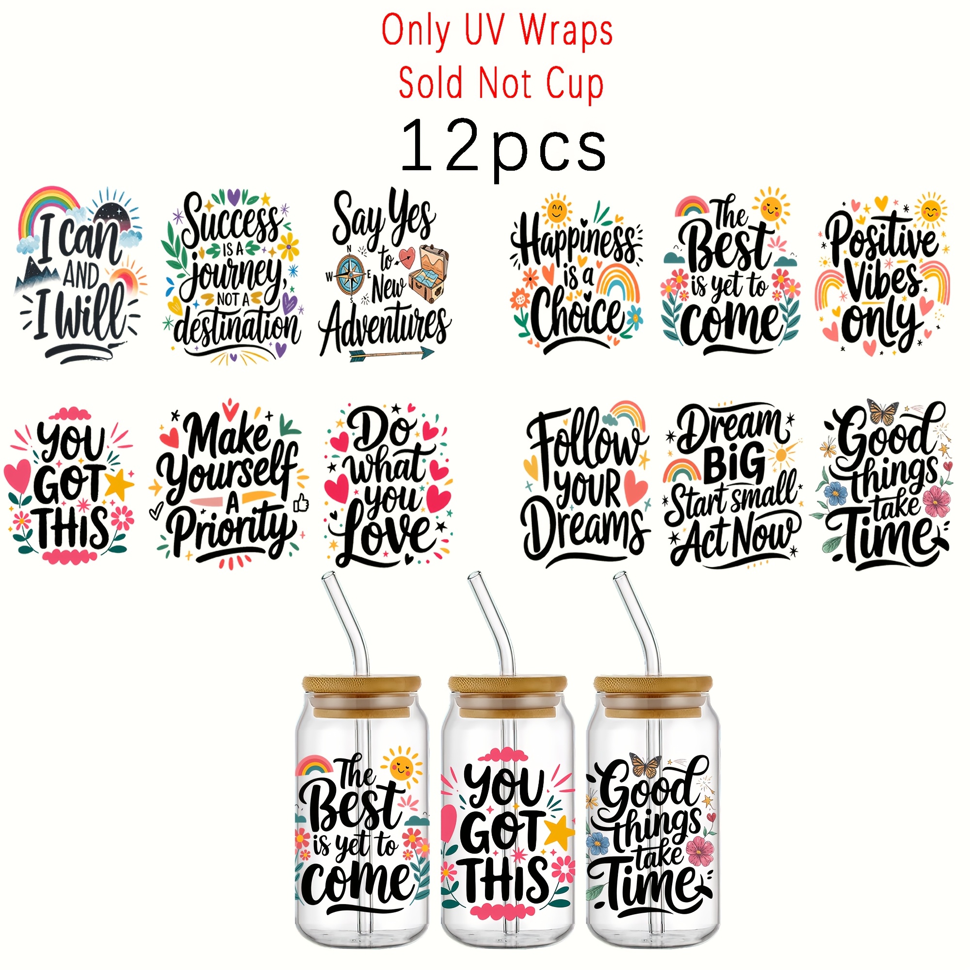 

12pcs Positive Inspirational Quotes Uv Dtf Cup Stickers - Black Letters Waterproof, Self-adhesive Decals For 16oz Glass & Bottles -inspirational Quotes Decal Pack Diy Craft Supplies, High-quality