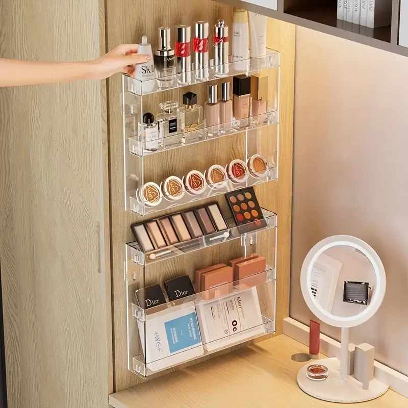 1 wall mounted makeup organizer shelf heavy duty adjustable vanity tray space saving bathroom storage rack with large capacity for makeup perfume lipsticks foundation no tools needed modern vanity decor for or bathroom counter durable plastic construction bathroom decor and accessories installation sturdy construction salon owners utility racks Product details 1