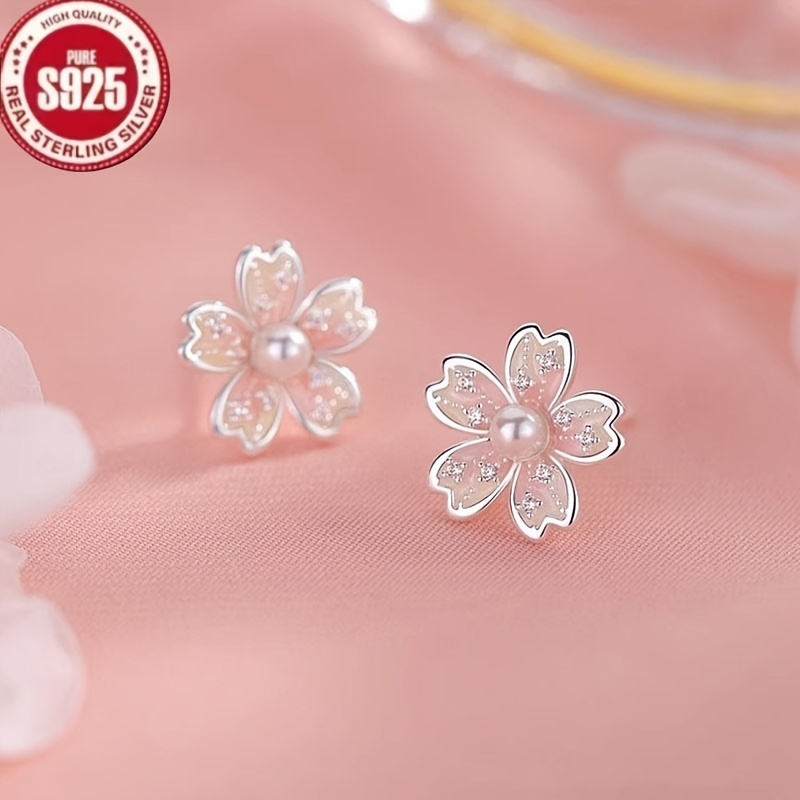 A Pair of Elegant 925 Silver Earrings, Imitation Pearl Inlay, Cherry   Pattern, for Women, Mother S Day Birthday Jewelry Gift for Mom Wife, Her, Girlfriend Gift, Christmas Theme, Prom, Beach Party,   Day Gift