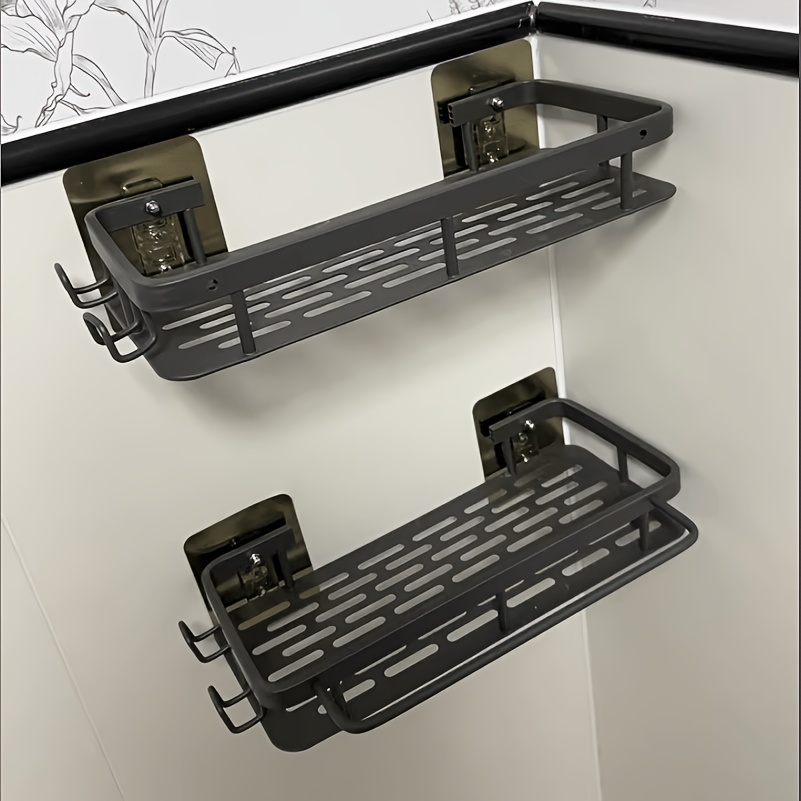 TEMU 2pcs No-drill Set With   Towel Bar - Black Wall-mounted Storage Shelf - Heavy-duty Plastic Adhesive Installation, Space- Bathroom And Kitchen