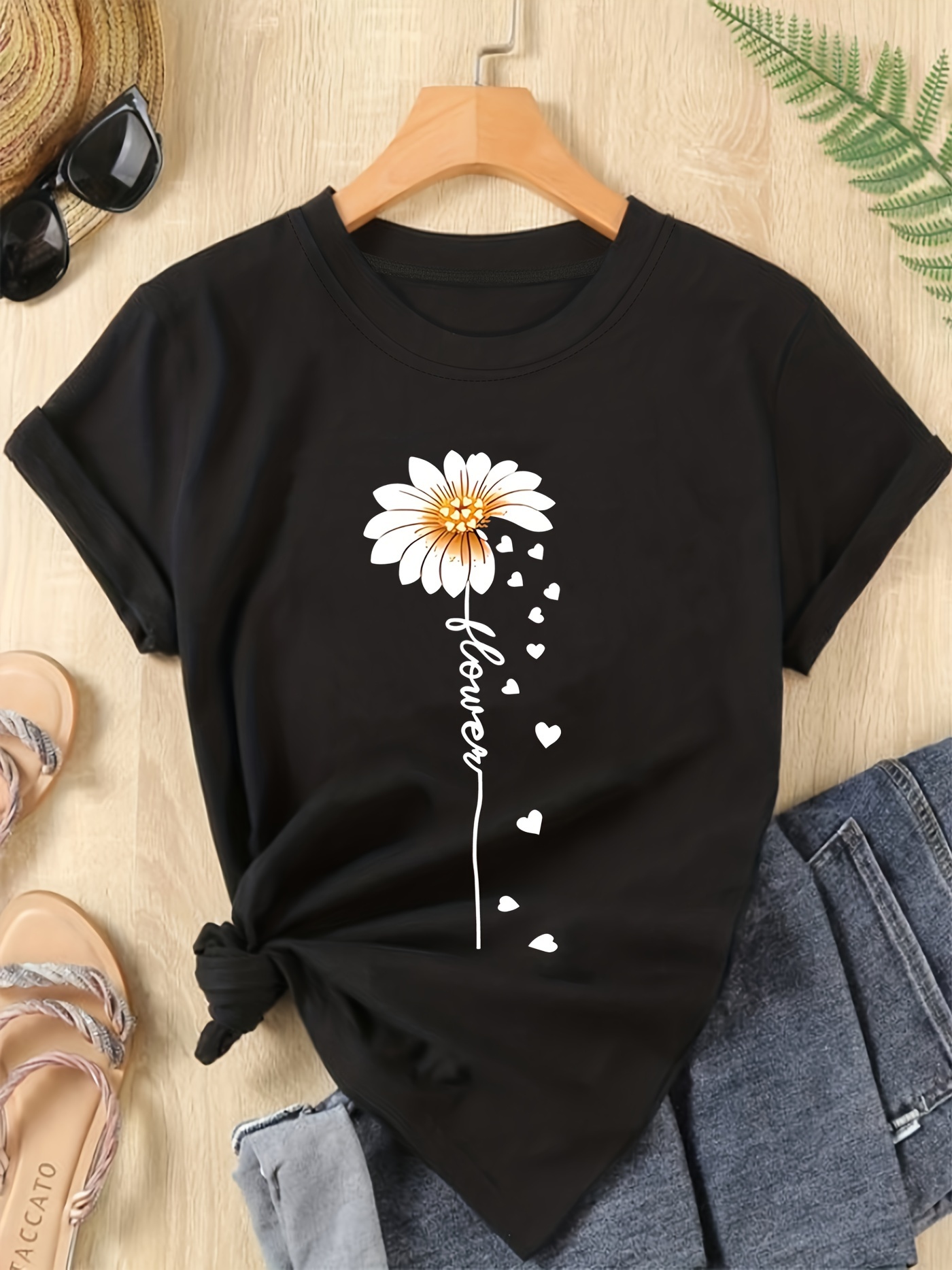 Flower Print T-shirt, Short Sleeve Crew Neck Casual Top For Summer & Spring, Women's Clothing