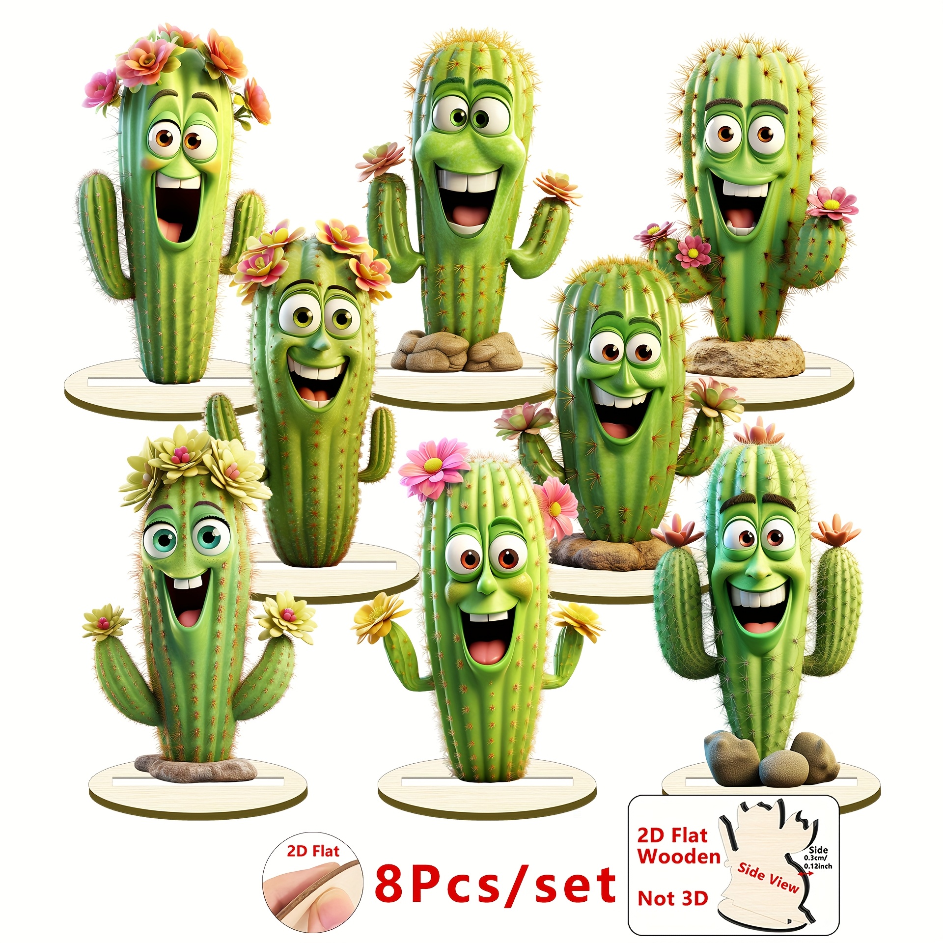 TEMU 2D-Flach - 8 Stück 2D-Flach Kaktus Holztisch-Ornament - Lebendige hawaiianische Party-Dekorationen mit Blumenakzenten, für Geburtstage, Home