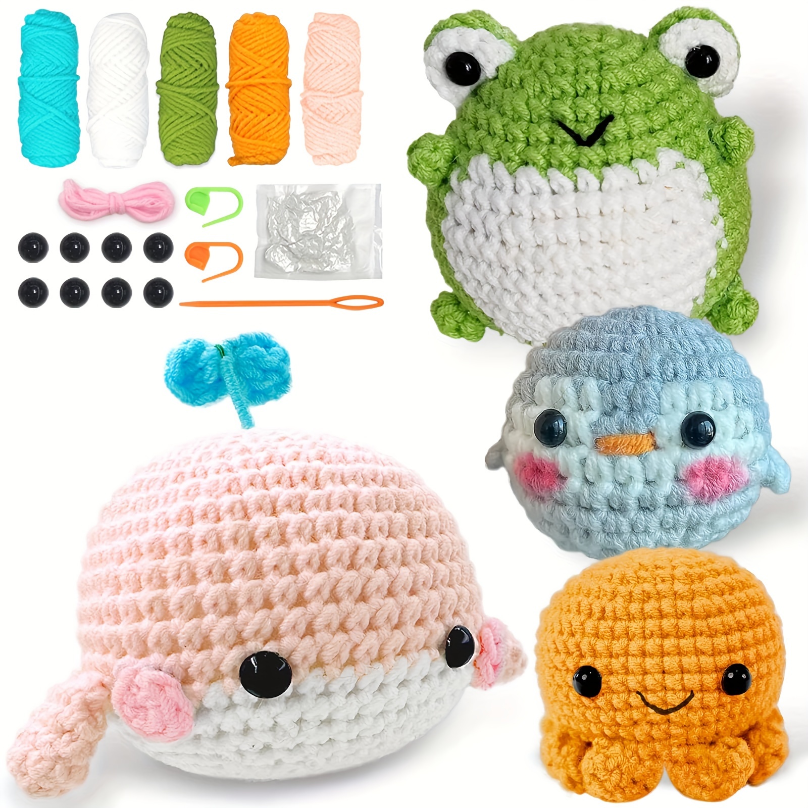 

Beginners Crochet Kit For - Diy Craft Set With Fabric Yarn, Includes Frog, Octopus, Whale, Penguin Patterns And Complete Crochet Tools - Mixed Colors - Suitable For All