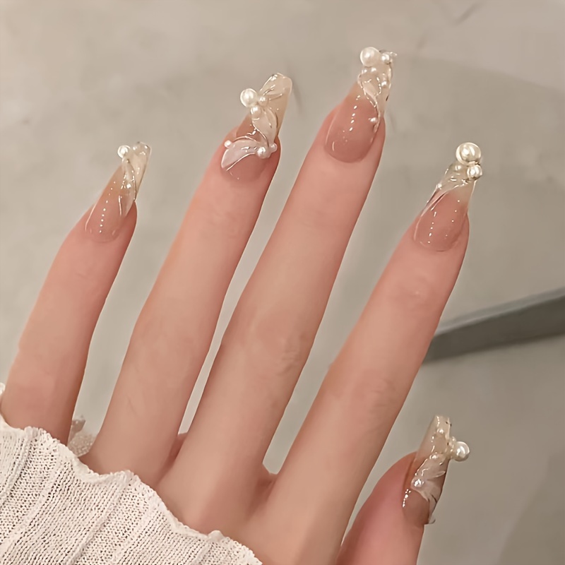 

White Pearl Pattern Diamond, Hand-worn Nail, Finished High-grade False Nail Nail Plate Ice Transparent White, Nail Hand-worn Nail White Nude High-grade Nail Can Be Removed For A Long Time