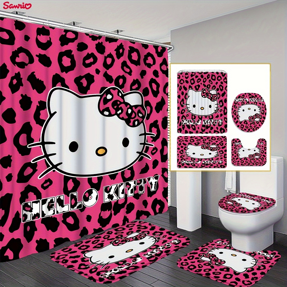 

1/4pcs Hello Kitty Leopard Pattern Shower Curtain Set, Waterproof Bathroom Partition Curtain With Hooks, Non-slip Bath Rug, Toilet U-shape Mat, Toilet Lid Cover Mat, Bathroom Accessories