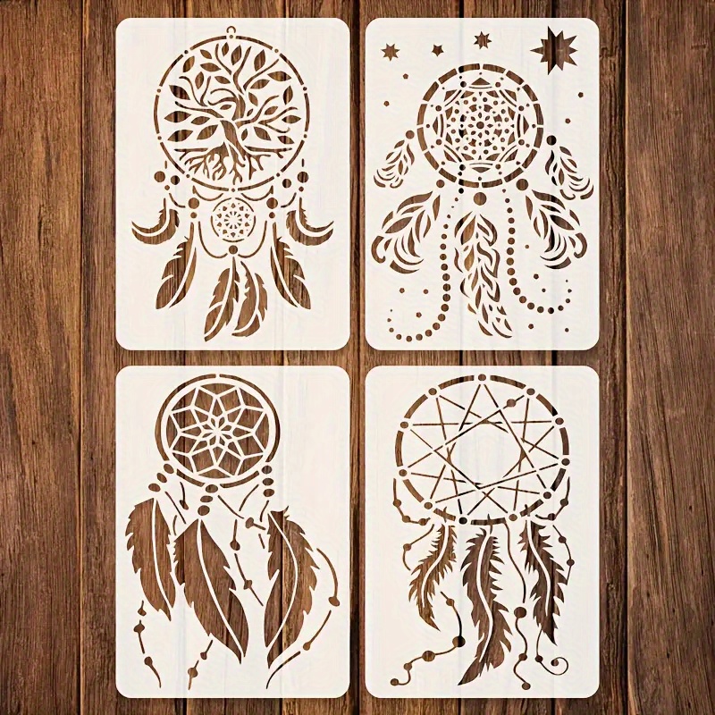 E-shop Set mit 4 Vorlagen mit dem Baum des Lebens und Traumfängern - Wiederverwendbare Formen mit den Maßen 14,8 x 21 cm, inklusive filigraner Designs