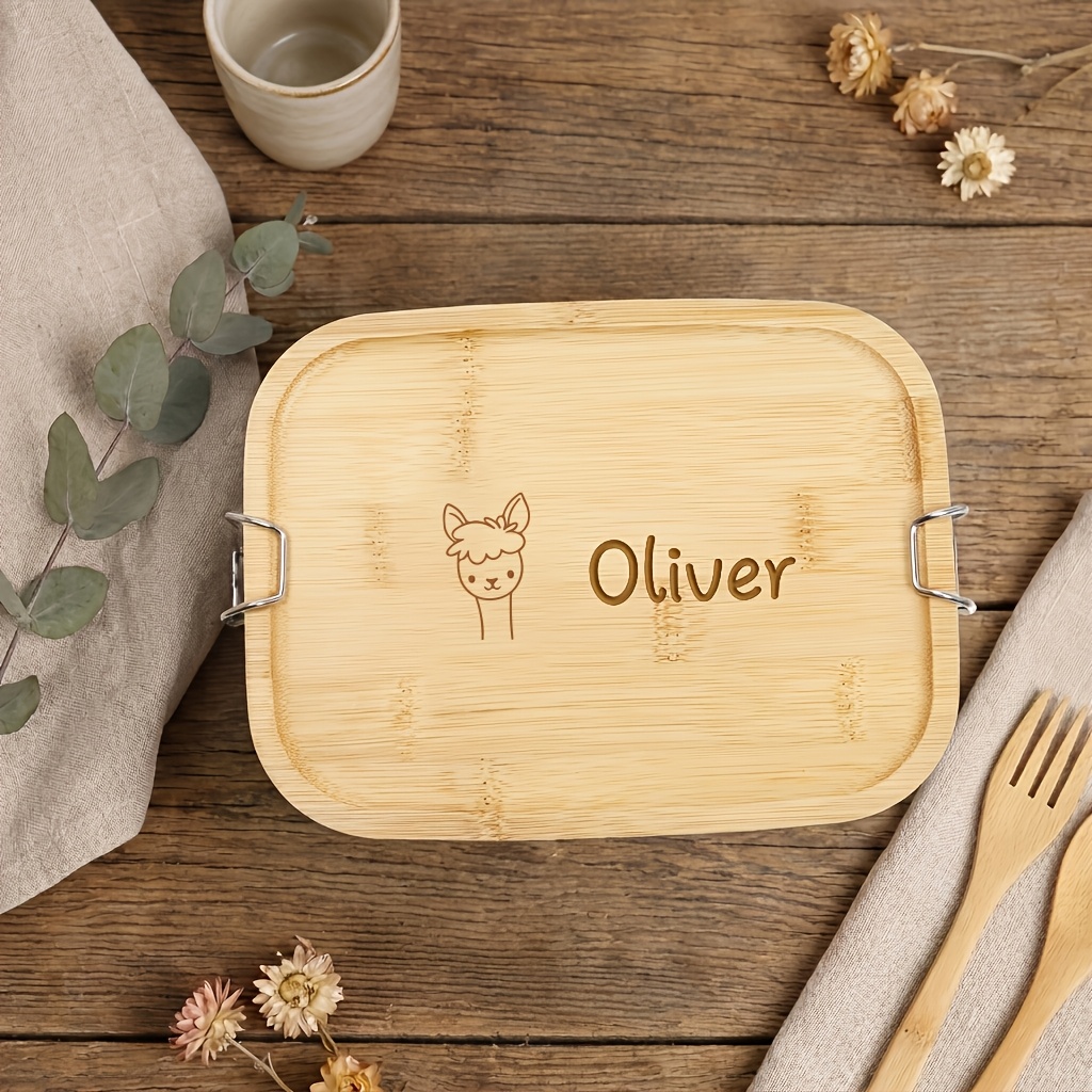 TEMU Personalized Stainless Steel Lunch Box With Bamboo Lid, Containing 3 Compartments, Customizable With Engraving, Featuring Animal-themed Designs,