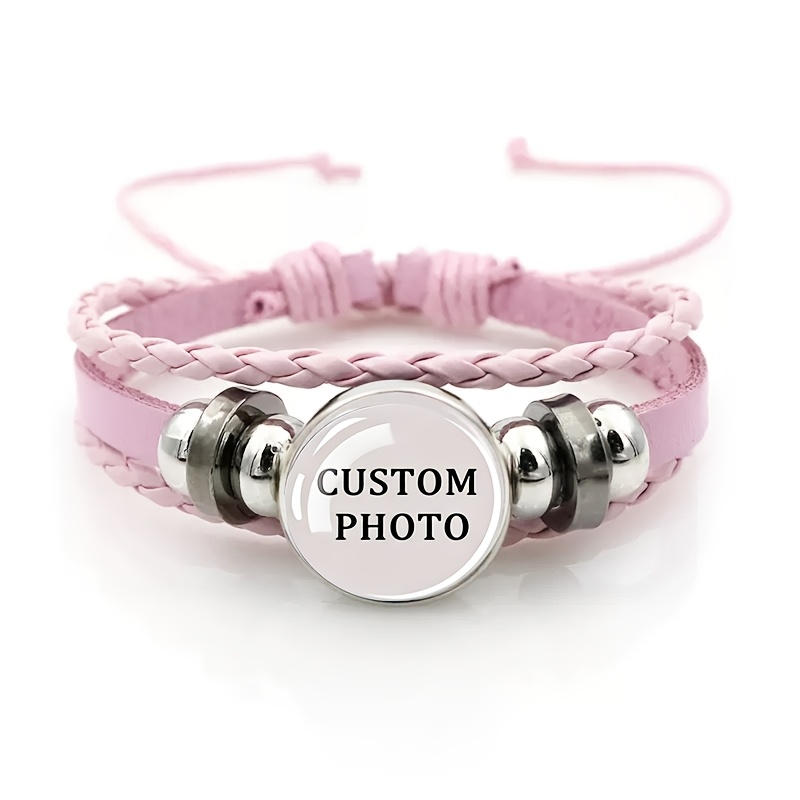 Image of Photo Customization Pink Slide Bracelet Vintage Glass Braided Cord Style Gift Adjustable Bracelet For Daily Wear