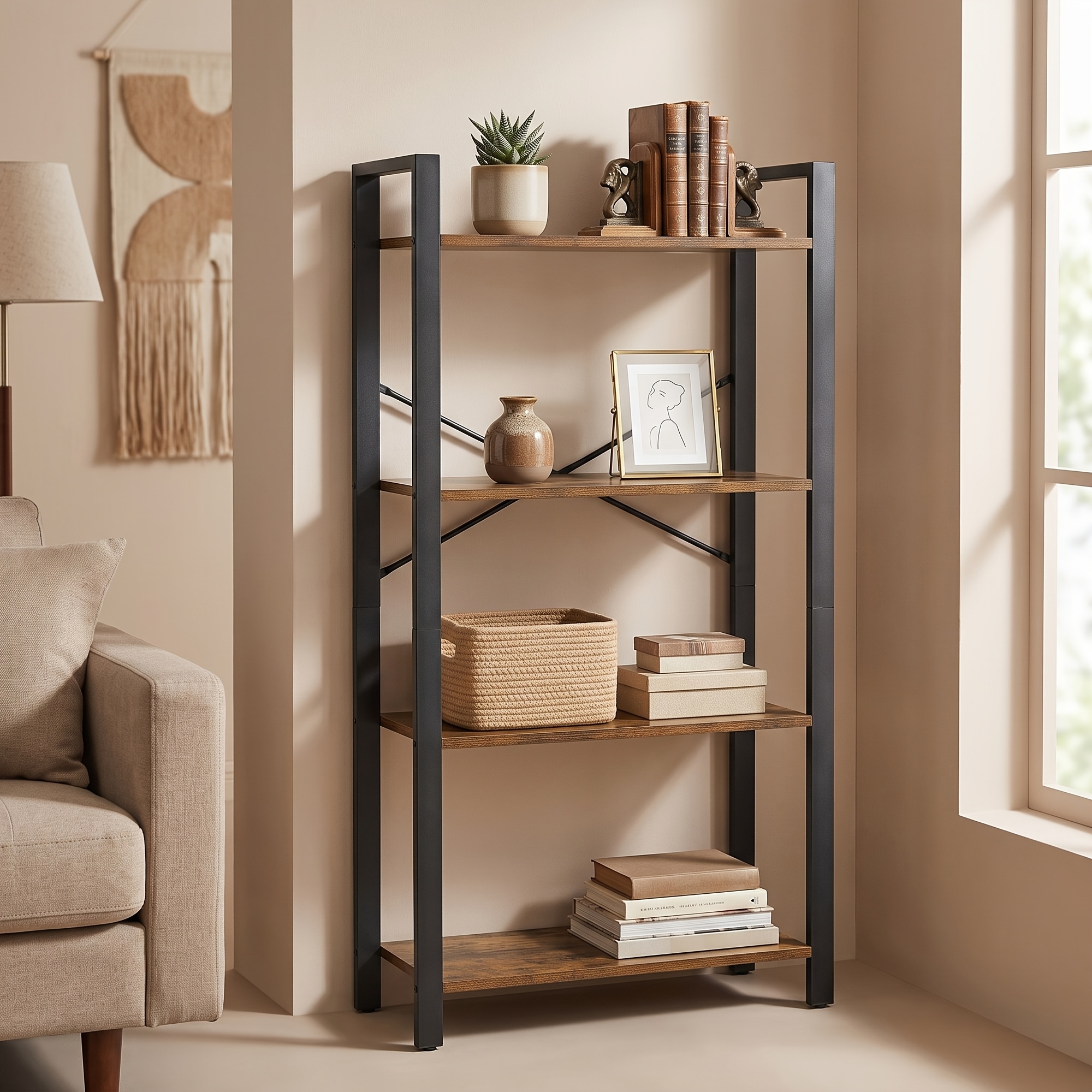 4-tier Storage Shelf, Standing Bookcase For Office, Living Room, 30 X 120cm, Rustic Brown And Black