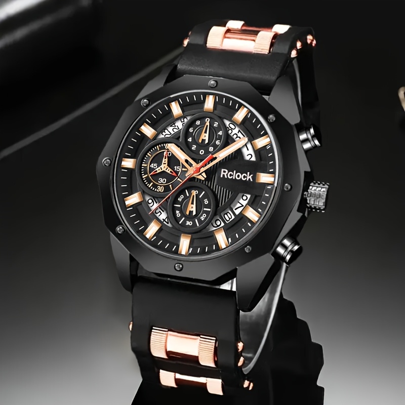 4pcs/set Fashion Men's Watches Set Men's Business Casual Watch & Bracelet Set Calendar Display, Quartz Movement, Men Bracelet Cross Necklace Luxury Watch for Men, Ideal Gift for Him