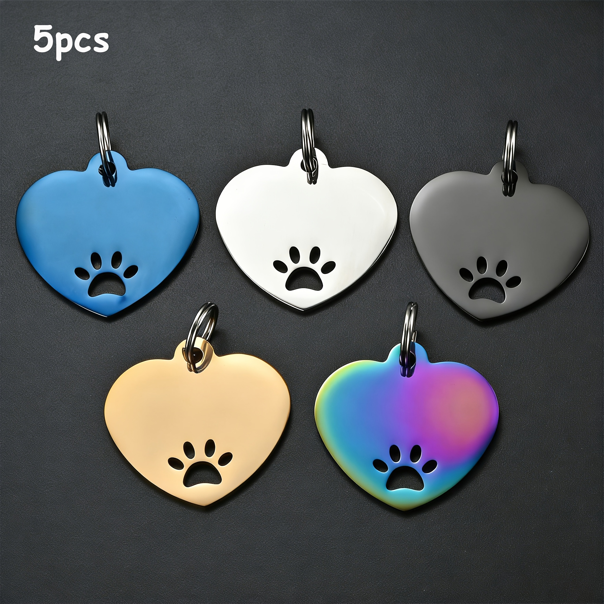 TEMU Lot de 5 plaques d'identification vierges pour animaux de compagnie de cœur avec de patte, plaques nominatives vierges en acier inoxydable pour