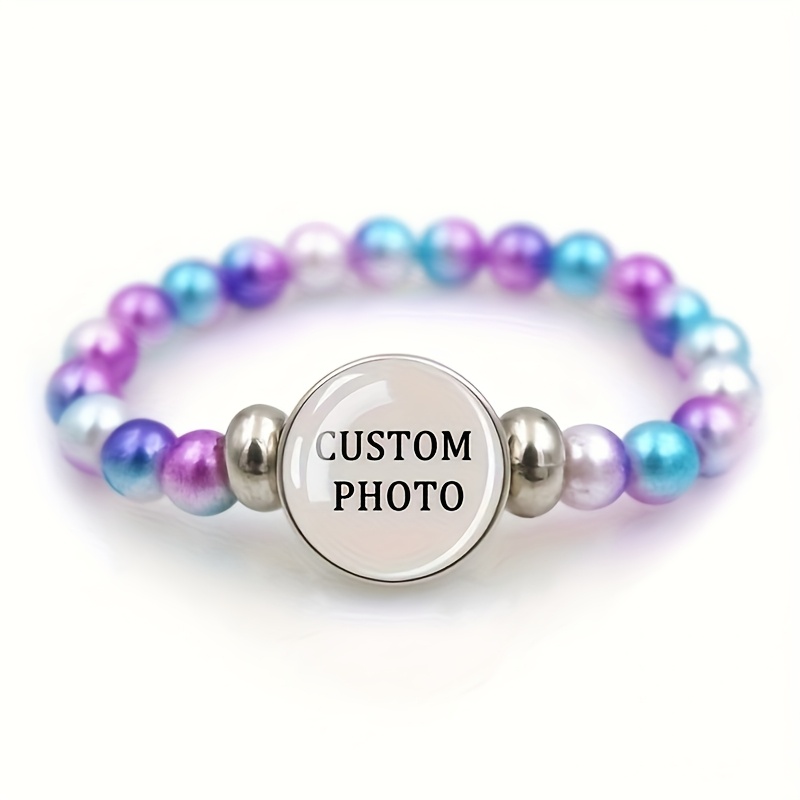 Image of Custom Colorful Bead Time Gemstone Glass Bracelet, Cute Personalized Family Photo Gift, Daily Wear Fashion Bead Bracelet