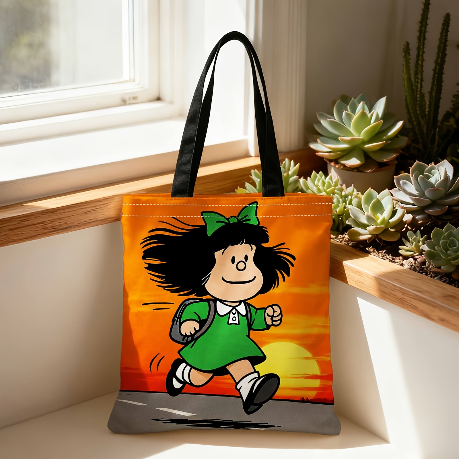 TEMU Una bolsa de compras portátil que se puede llevar al o de , de tela. un corredor, un y un personaje de dibujos animados, lo que la ideal para