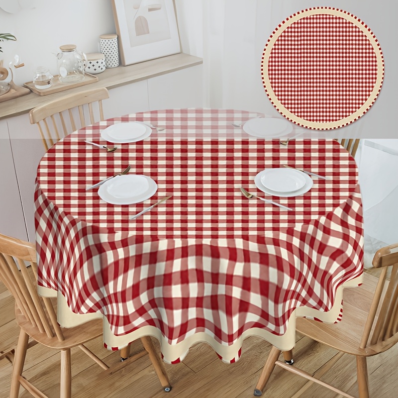 TEMU 1pc 2d Flat Printed Round Tablecloth, Red Gingham Checkered Tablecloth, Seasonal Dining Table Cover Decoration For Home, Party, Picnic Decor, 2d
